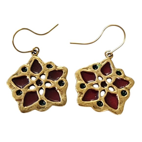 MMA Plique-A-Jour Style French Hook Poinsettia Earrings, Signed L514 - Picture 2 of 11